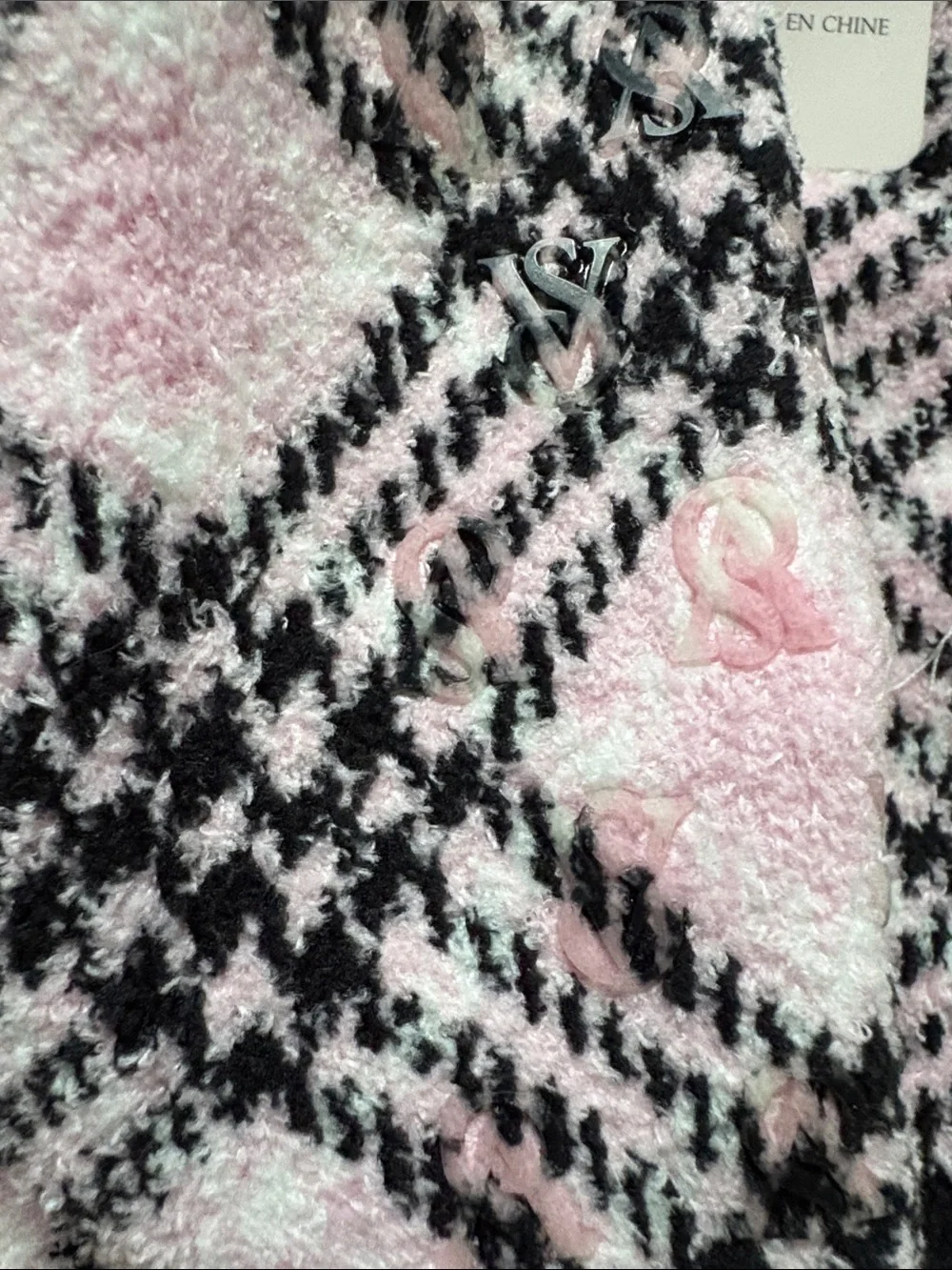 Victoria's Secret Pink & Black Plaid Fuzzy Slipper Socks with Rubber Bottom Pads